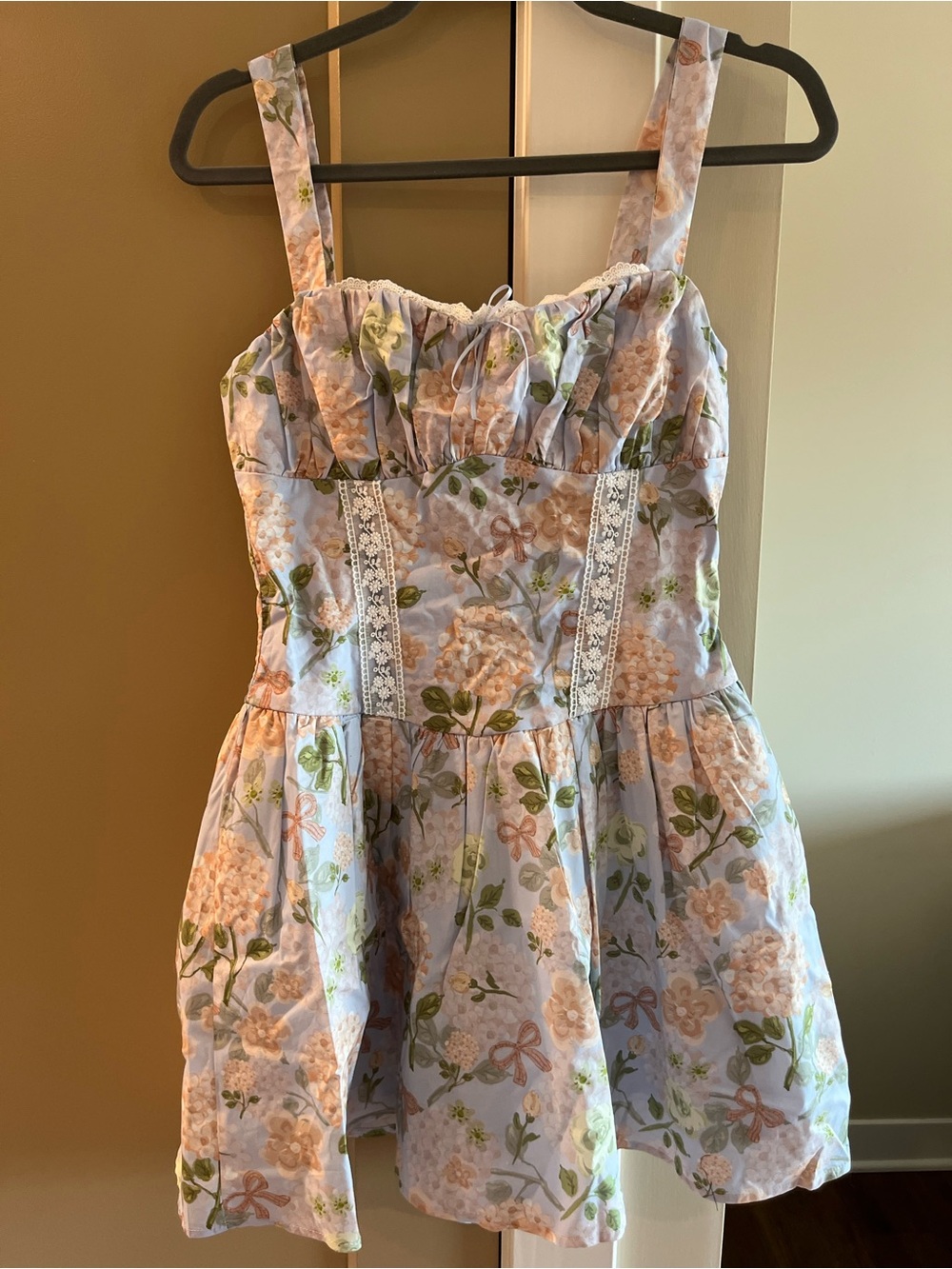 Floral Blue Sundress with Lace Trim